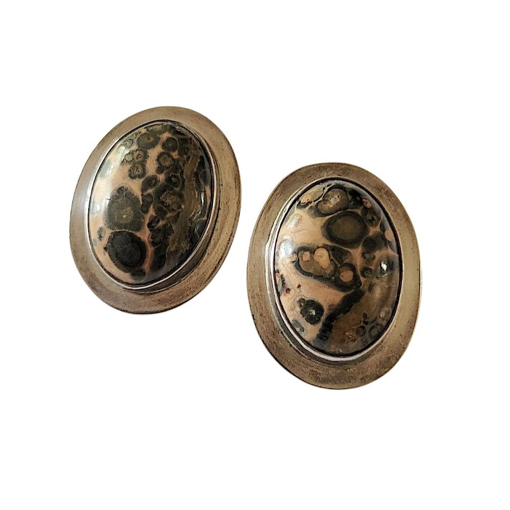 Oval Jasper Cabochon Clip On Sterling Silver Earrings Marked 915 Mexico